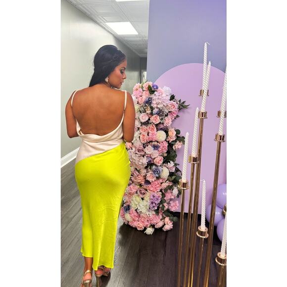 SAN SLOANE White Lime Green Satin Slip Style Cowl Neck Dress Size Small - Picture 5 of 14